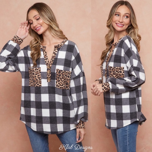 LAST 1! SO SOFT Plaid/ Leopard Contrast Henley with Pocket! - Picture 4 of 7